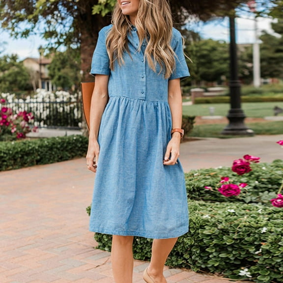 Viikei Plus Size Short Sleeve Dress for WomenSummer Turndown Neck Denim Party Dresses Swing Dresses