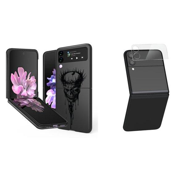 Bemz Premium Bundle for Samsung Galaxy Z Flip 3 5G: Slim Snap-On Protector Case (Crown of Thorns Skull), Rear Camera Glass Protector