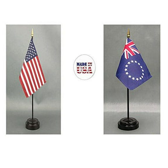 Made in The USA. 1 American and 1 Cook Islands Rayon 4"x6" Miniature Office Desk & Little Hand Waving Table Flag, Includes 2 Flag Stands & 2 Small 4"x6" Mini Stick Flags