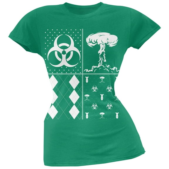 Biohazard Festive Blocks Ugly Christmas Sweater Green Soft Juniors T-Shirt - Large