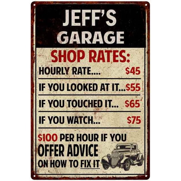 JEFF'S Garage Shop Rates Sign Man Cave Decor Gift 8x12 Metal 108120010123