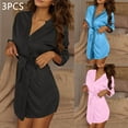 thumbnail image 2 of 3pcs Women Satin Robes with Belt PJ Set Lightweight Sleepwear Half Sleeve Kimono Hooded Bathrobe Pink+ Blue+ Black Free Size, 2 of 7