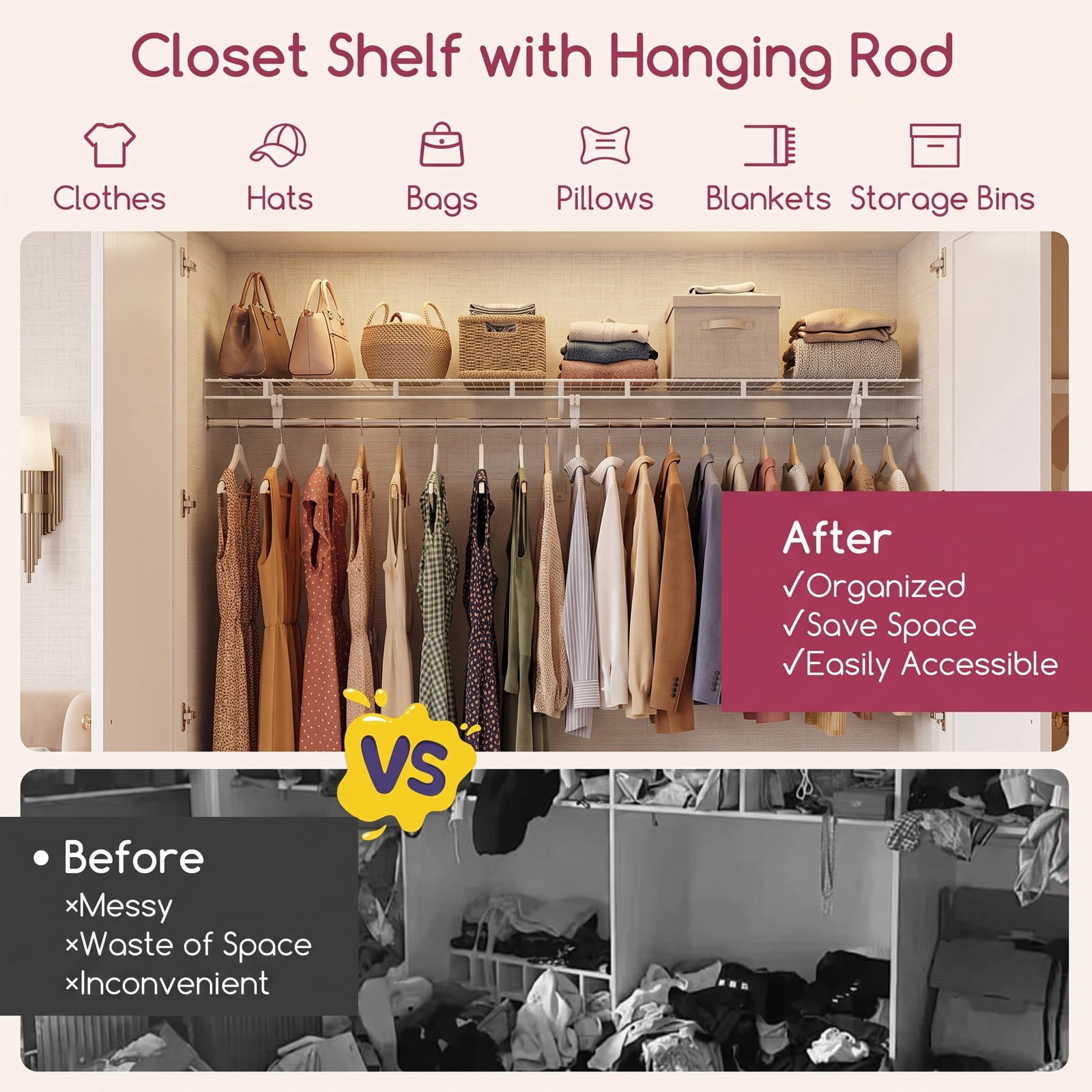 Furnibear 72 Inch Wall Mounted Closet Shelf with Integrated Hanging Rod for Laundry Room and Bedroom Closet Storage Space, White