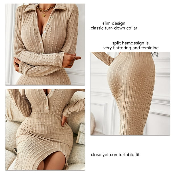 V Neck Button Down Knit Sweater Dress, Fashion Soft Warm Long