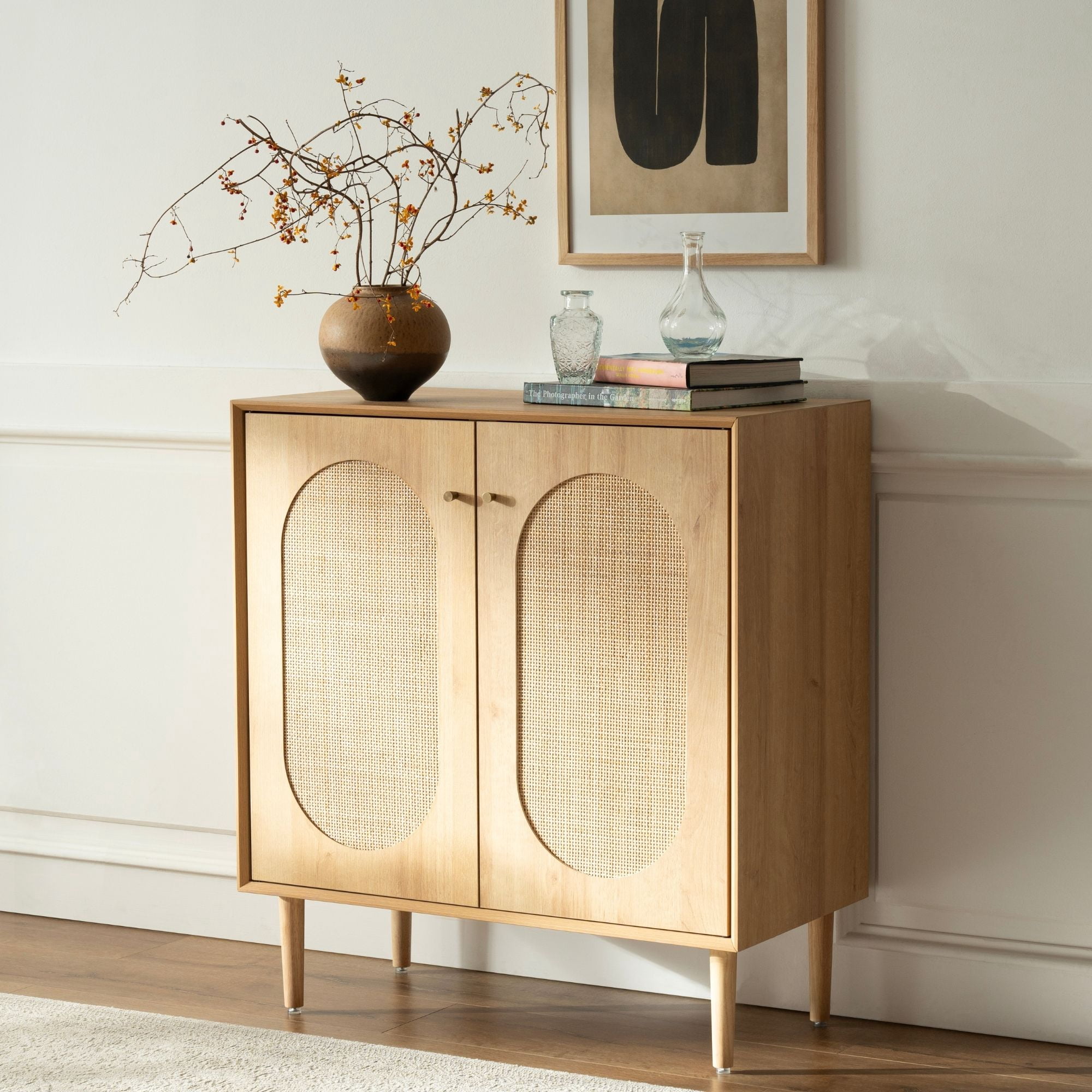 EYYTHUNG Farmhouse Accent Cabinet Set of 2 with Adjustable Shelves, Rattan Sideboard Storage Cupboard, Natural Oak