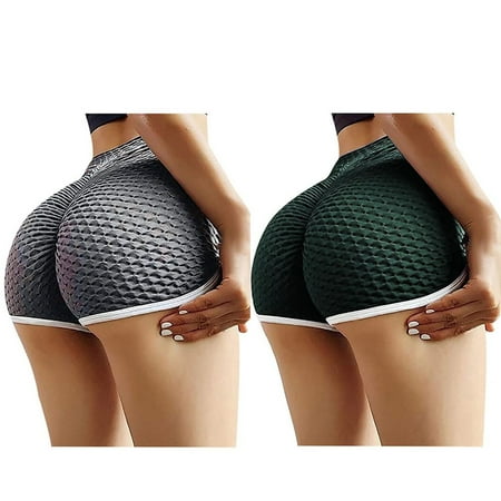 LEEYNEER RHWHOGLL High Waisted Yoga Shorts for Women Workout Shorts High Waist Butt Lifting Sports Leggings Hot Pants Running Shorts Wrinkled Hip Stretch Biker Shorts - 2 Packs Black