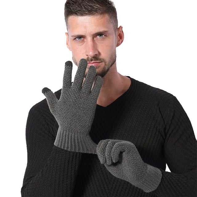 AWZXDE Mens Gloves Solid Color Winter Thickened Knitted Outdoor Warm Screen Snowman Embroidered