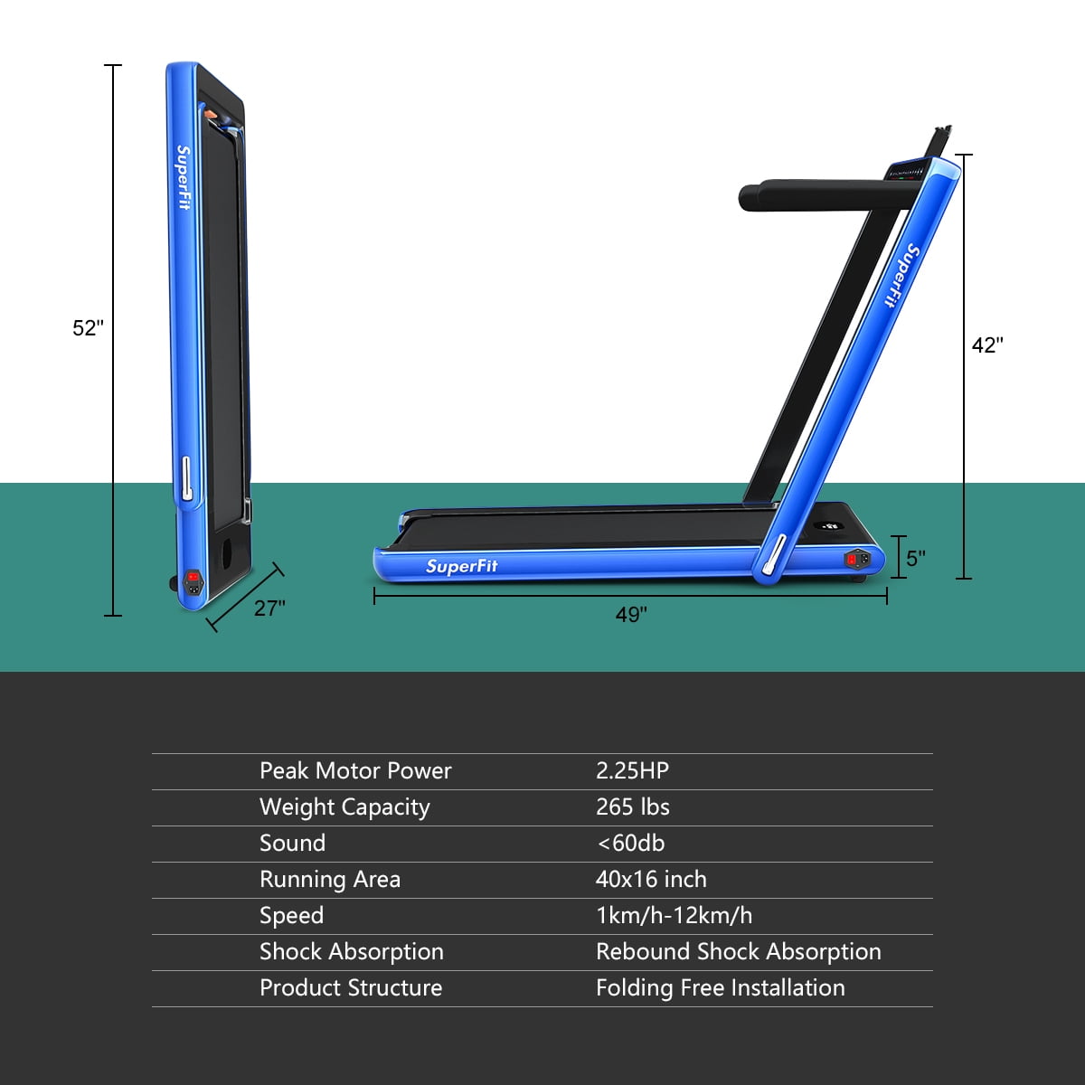 Gymax 2 in 1 Folding Treadmill 2.25HP Running Machine w/ Dual Display Blue