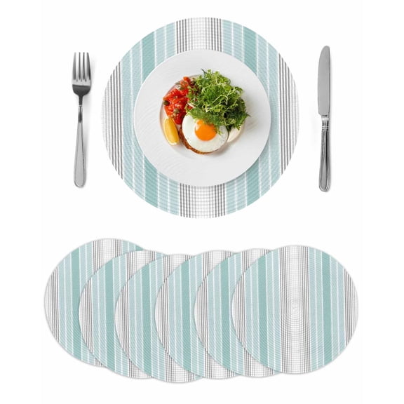Aqua Gray Stripes Round 15 Inch Placemats Set of 6, Minimalist Gradient Lines Aesthetic HeatResistant Non Slip Place Mats for Dining Table, Wipeable Braided Kitchen Table Mats for Housewarming