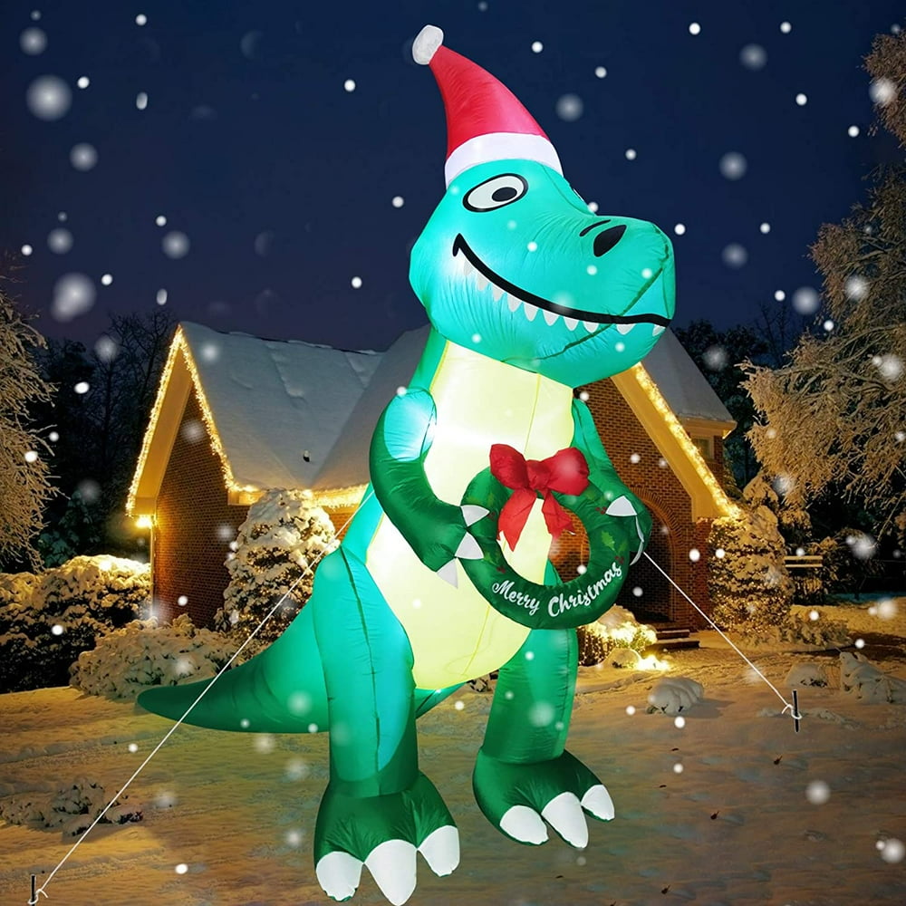 10 Ft Tall Christmas Inflatables Dinosaur Outdoor Decoration, Lighted Blow up Santa Dino Holds