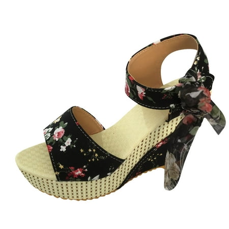 CHOII 50% Clearance High-heeled Shoes Fishmouth Wedges High-heeled Shoes Women s Shoes Sandals Colorful Floral Print Elegant Fashion Ankle Strap Sandals Comfort Sandals Black/6