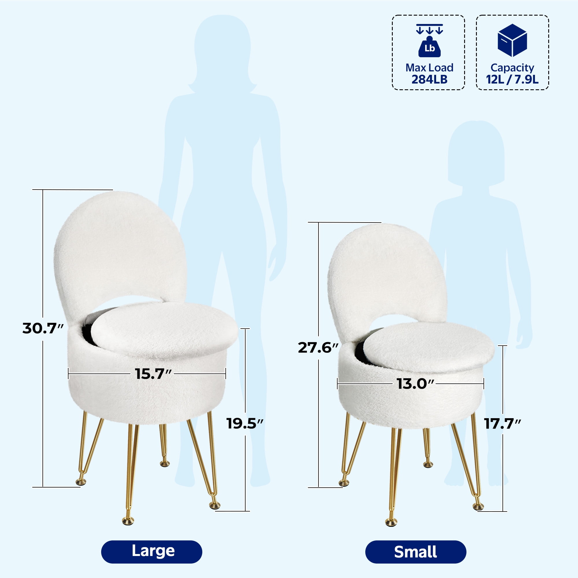 Greenstell Round Storage Ottoman, 12.9”L x 12.9”W x 17.6”H Upholstered Vanity Faux Fur Chair with Lumbar Support, Small Foot Stools Coffee Table Padded Seat for Makeup Room (White)