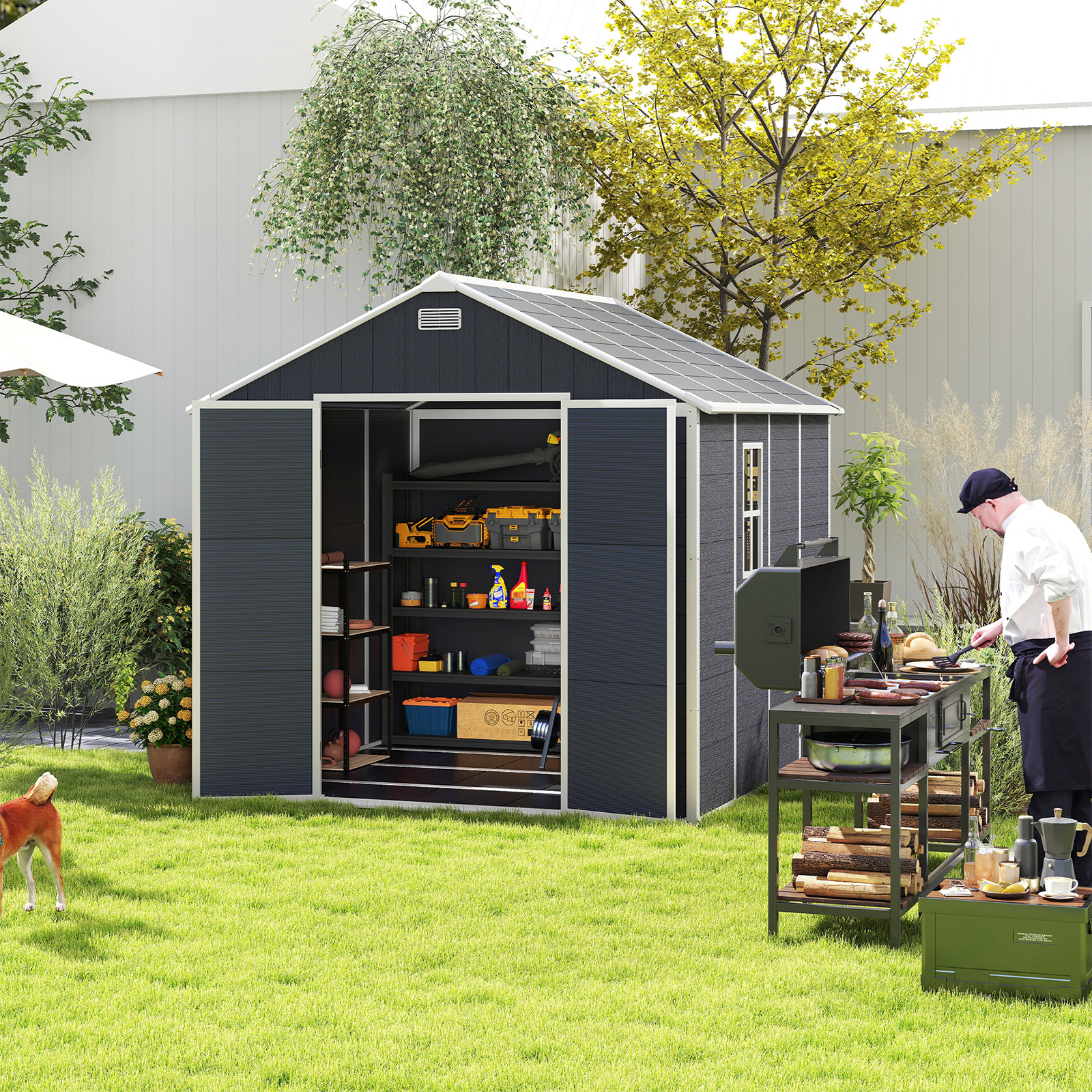 8x8 FT Resin Outdoor Storage Shed, Waterproof Plastic Garden Shed, Large Storage Space, Lockable Doors & Windows, Plastic Tool Shed, 12mm Thick PP Board (4X8 FT)