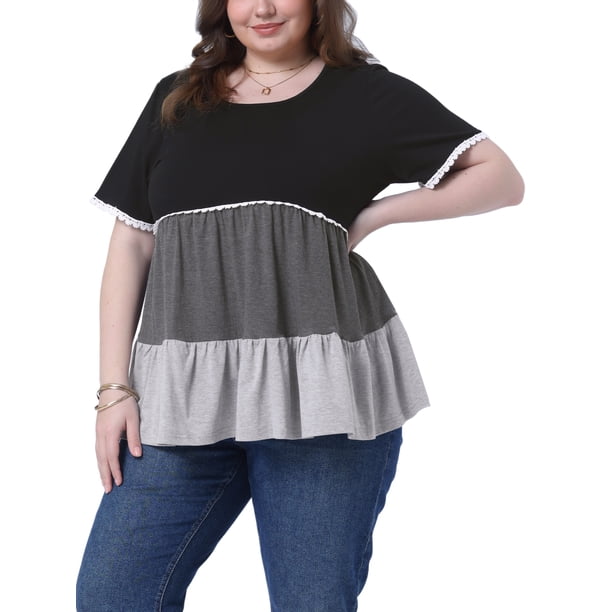 Blusas de mujer de talla grande Agnes Orinda, con volantes, encaje, cuello redondo, de manga corta, casuales y fluidas, 2X, negras