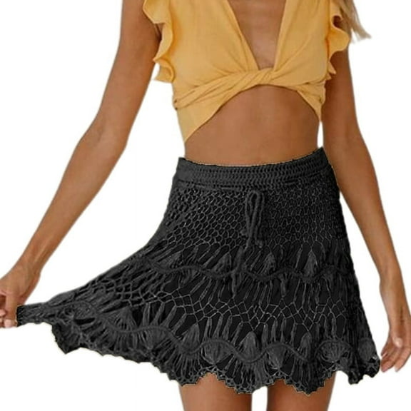 ZUARFY Women Drawstring Elastic Waist Swimsuit Cover Up Mini Skirt Hollow Out Crochet Knitted A-Line Flare Hem Sheer Beach Sarong Swimwear Bottoms