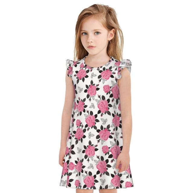 Fotbe Rose Flowers Vestido de Dormir para Niñas de 3 a 10 Años, Mangas Cortas, Estilo Princesa, Pijama Camisón con Mangas Voladas-Large