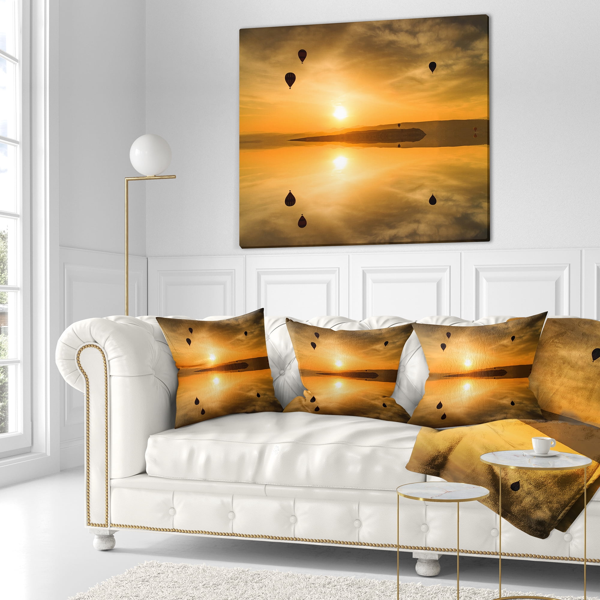 Designart Flying Balloons and Reflection - Seashore Throw Pillow - 16x16
