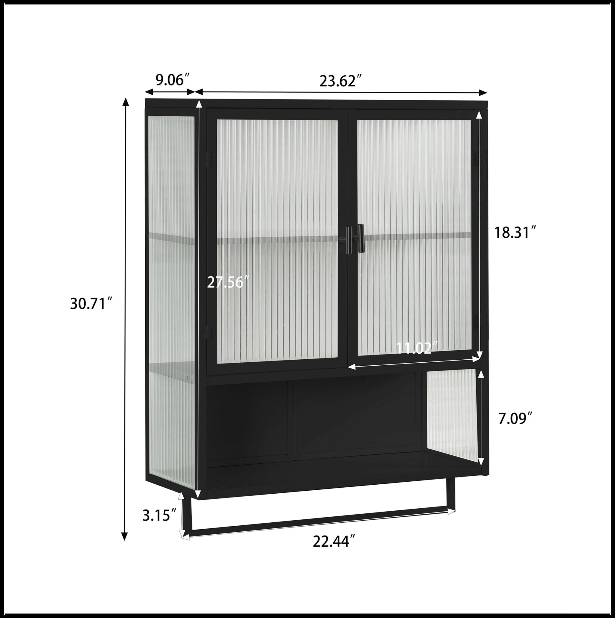 23.62"Glass Doors Modern Two-door Wall Cabinet with Featuring Two-tier Enclosed Storage, an Open Shelf, and Towel Rack, for Entryway Living Room Bathroom Dining Room,Black