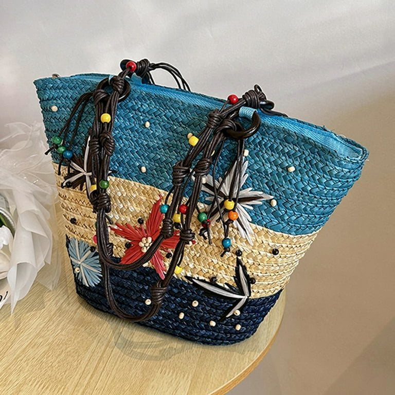 Yucurem Bohemian Hand embroidered Straw Bag Beaded Women Woven Handbag Blue