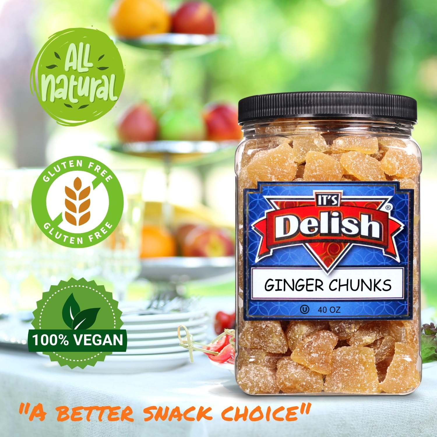 Crystallized Ginger Chunks by It's Delish, 2.5 Lb Jumbo Reusable Container  Candied Dried Ginger Fruit Chews Natural Candy, Ginger Root with Sugar Crystals, Unsulphured - Healthy Snack, Vegan, Kosher