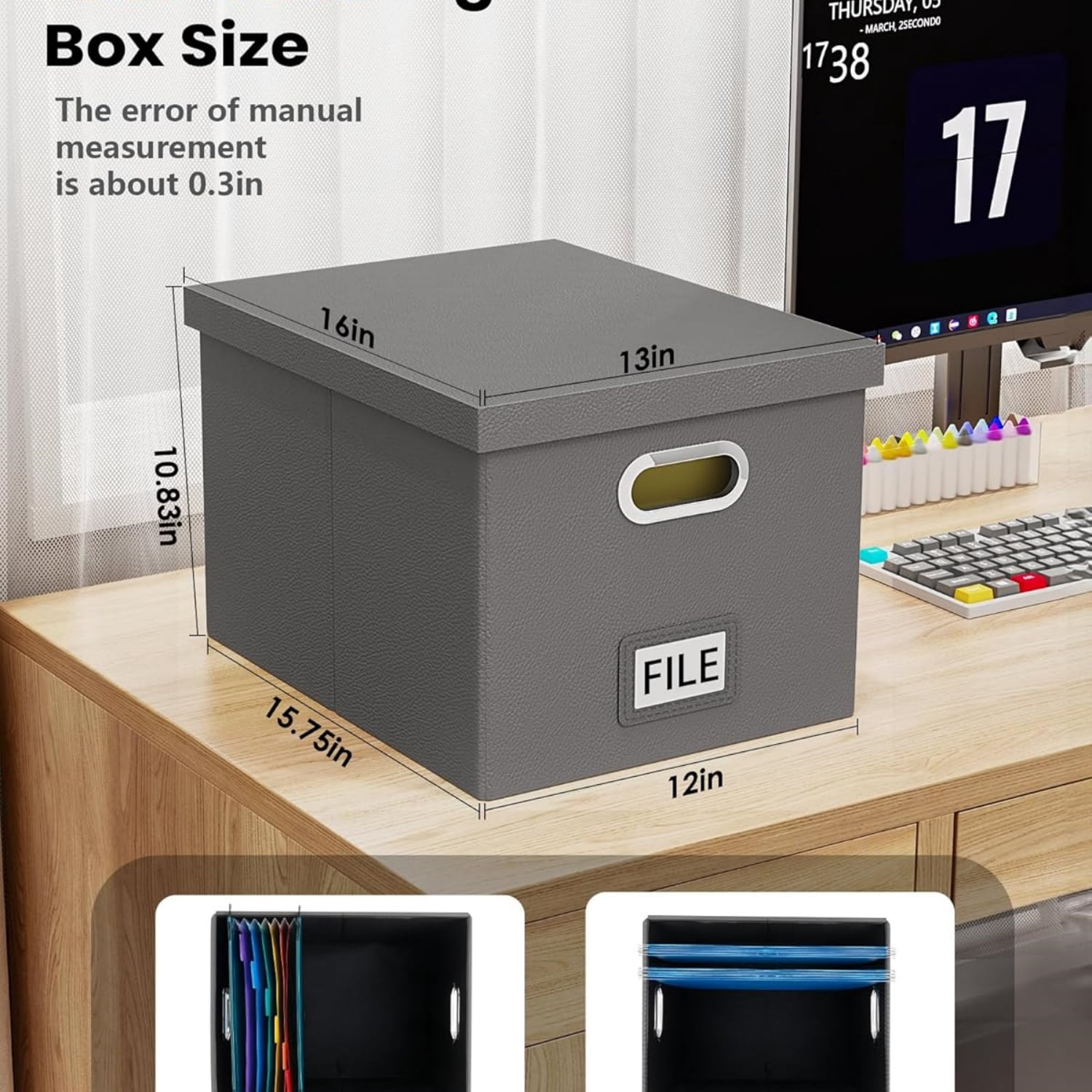 2 Pack File Storage Organizer, Portable File Box with Lid, Fit for Letter/Legal File Folder Storage, Gray(Leather)