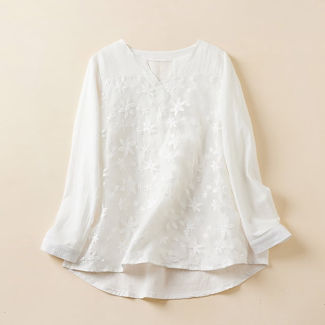 Tawop T-Shirts pour Femmes Blouses pour Femmes Col Rond Manches Longues T-Shirts Amples Plissés en Lin Plus Rétro Chemises Blanches pour Femmes Blanc m