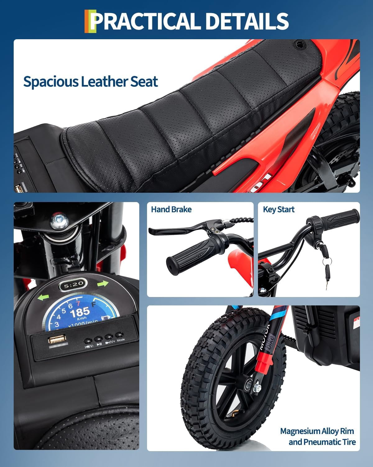 Rugerasy 24V Electric Dirt Bike,Ride on Motorcycle with Rear Wheel Suspension,12 Miles Range,Twist Grip Throttle,Rubber Tire,Birthday & Xmas Gifts,Red