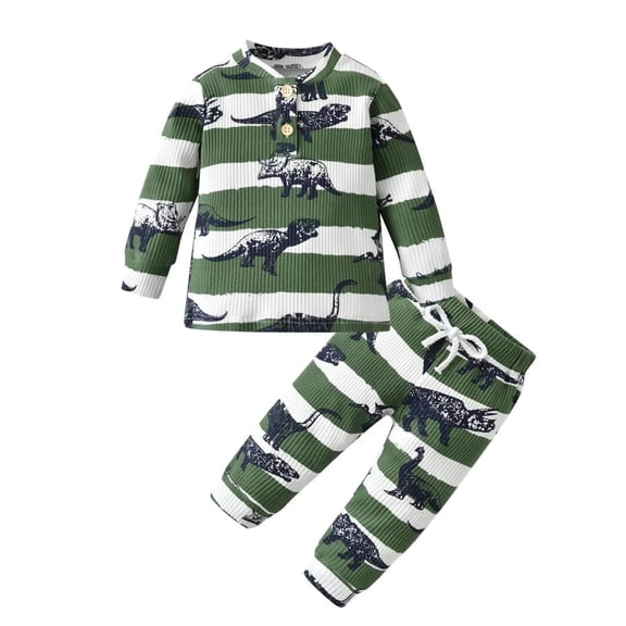 Baby Boy Clothes Dinosaurs Pattern Long Sleeve Tops and Stripes Long Pants Fall Outfits Green 0-3 Months