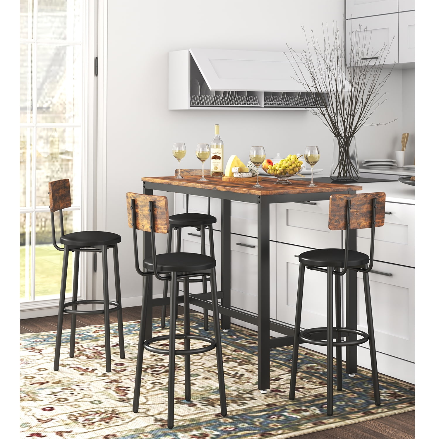 Kadyn 5 PCS Dining Table Set, Bar Table Set for 4 Bar Stools, Wood Pub Bar Table Set Perfect for Breakfast Nook, Small Space Living Room, Rustic Brown