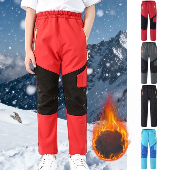 HAOTAGS Teen Boys & Girls Windproof Fleece-Lined Ski Pants(5-15), Waterproof, Warm Soft-Shell Hiking & Snow Trousers Red 8 Years