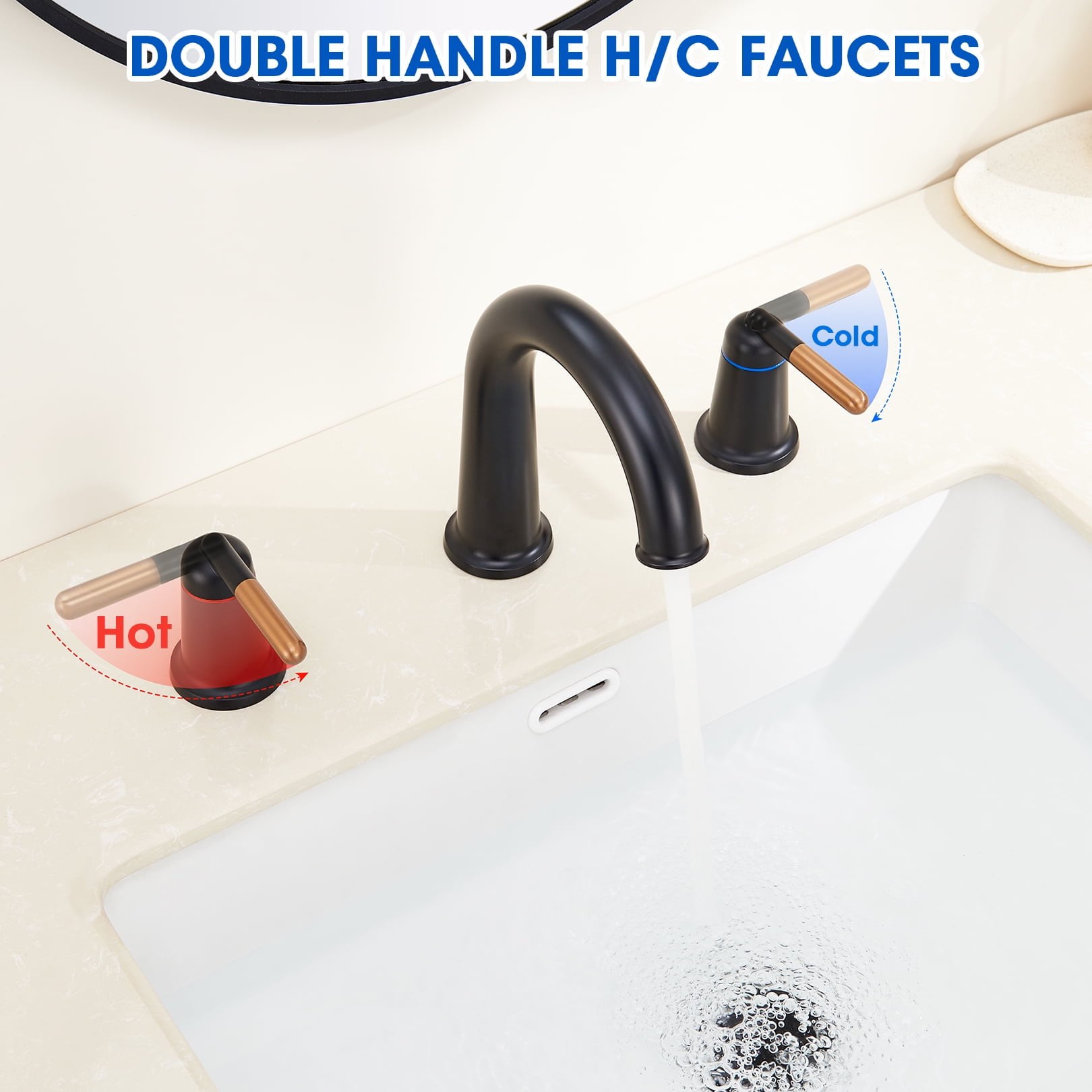 Wowkk Sanitary Ware Brass Bathroom Sink Faucet 2 Handles Widespread Bathroom Faucet 3 Hole, Pop-Up Drain and cUPC Supply Lines Included, Basin Faucets for Vanity Rv Restroom, Rose Gold Matte Black