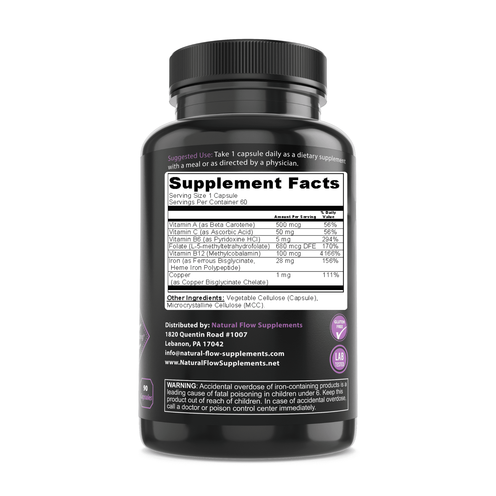 Natural Flow Supplements Iron 2-in-1 Premium Complete Complex, 2X Heme and Non-Heme Iron Blend Formula, 60 Caps