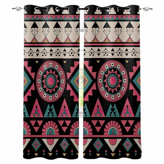 Fsddascl Pink Turquoise Black Boho Blackout Curtains for Bedroom/Living Room, Thermal Insulated Kitchen Curtains, Farmhouse Colorful Geometric Grommet Darkening Window Treatment Drapes 42"x84"x2