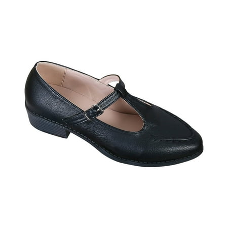 YLSDY Women s T-Strap Buckle Low Heel Shoes PU Leather Comfortable Slip On Flats Size 6-11 Black 36