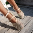 thumbnail image 4 of Seffadzy Women Rhinestone Mesh Summer Mary Jane Ballet Flats, Breathable Crystal Embellished Slip-On Shoes with Adjustable Strap Beige 36, 4 of 7