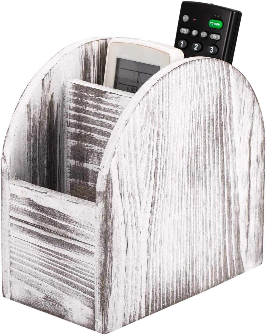 Oumilen 3-Slot Wooden Remote Control Holder, Desktop Media Organizer, 6.7" H x 6.7" W x 3.9" D, Rustic White