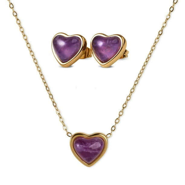 LuckyLy Juego de Joyería para Mujer de Corazón con Piedras Naturales, Set Collar y Aretes Acero Inoxidable con Baño Oro 14k – Regalos para Mujer Navidad y Regalos para Mamá Día de violeta Unitalla