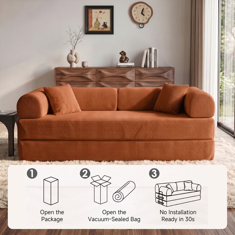 Anpport 78.8" Compression Boneless Sectional Sofa, Convertible Floor Sleeper Bed with Pillow Back Armrest, Corduroy Fabric, Tangerine, for Living Room Bedroom