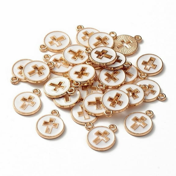Light golden Plated Alloy Enamel Pendants Flat Round with Cross White 15x12x1.5mm Hole: 1.6mm