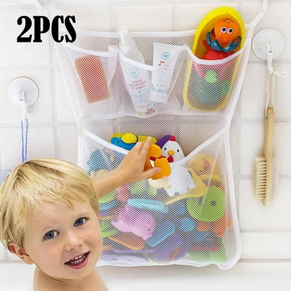 2PCS Kids Bath Tub Toy Holder, Bath Toy Net 13” x 18”, Baby Toddler Shower Bathtub Toy Storage Organizer, Mesh Bag for Bath Toys with Suction Cups