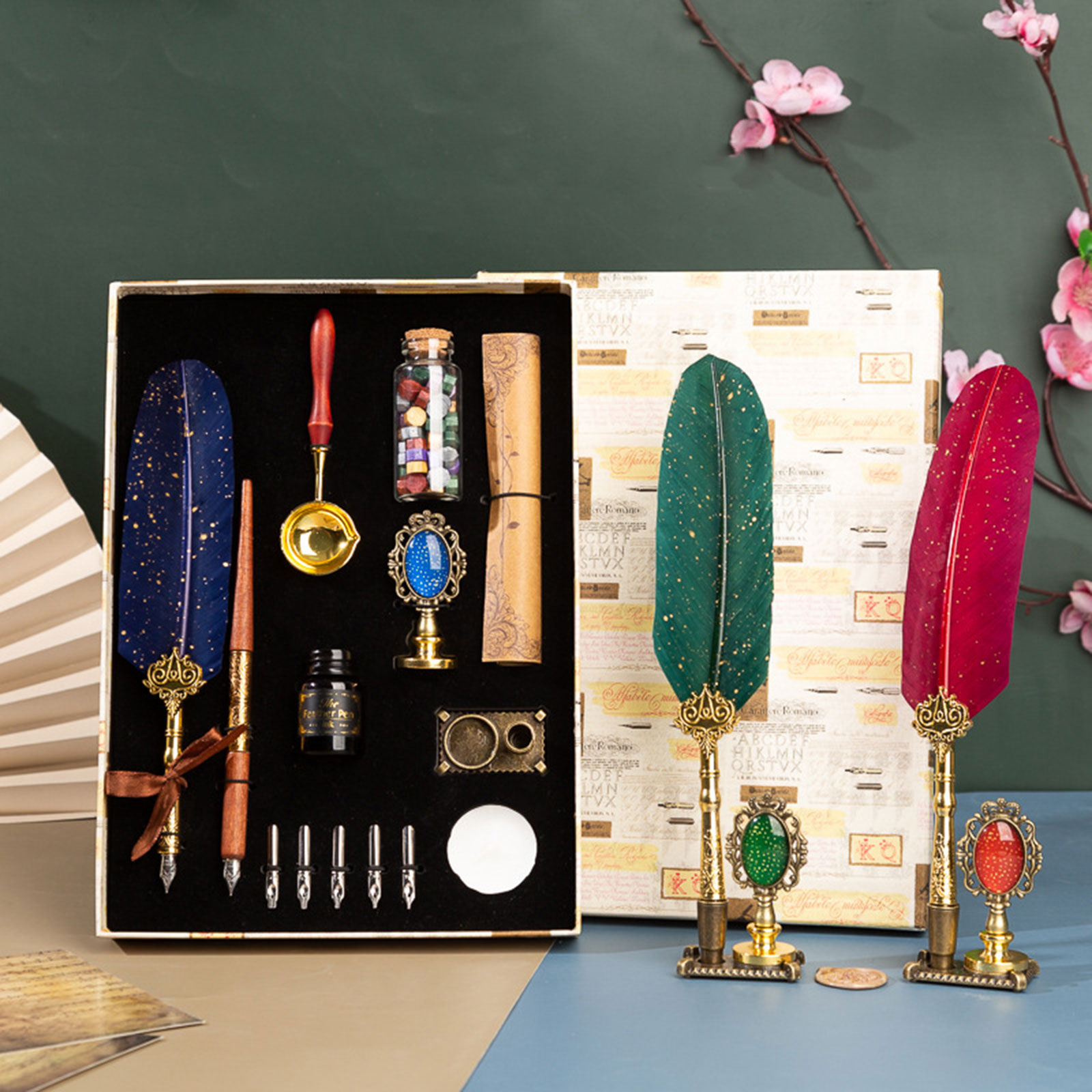 Antique Quill Dip Pen Set with 15ml Ink Bottles 5 Pen Nibs Gift Calligraphy Kit