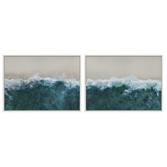 Kate and Laurel Sylvie Waves Crashing on the Beach 1 and 2 Framed Canvas Wall Art Set by The Creative Bunch Studio, 2 Piece Set 28x38 White, Tropical Ocean Beach Art for Wall