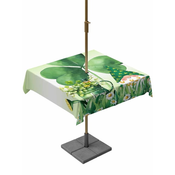 St. Patrick's Day Outdoor Tablecloth - 54x54 Inch Square Dining Table Cover, Green Shamrock Gnomes Watering Can Plants Waterproof Outdoor Table Cloth with Umbrella Hole & Zipper for Picnic/Patio