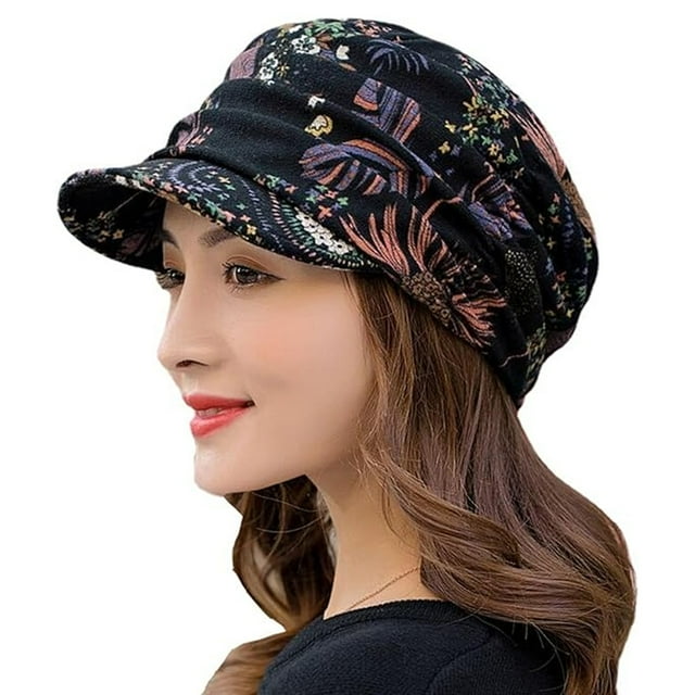 Floral Pleated Short Brim Windproof Winter Hat with Fleece Lining