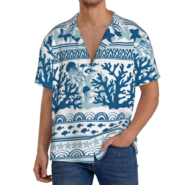 Fotbe Sea Underwater Jellyfish Camisa Estampada de Manga Corta para Hombre, Casual de Verano, Estilo Playero, Sin Arrugas-Large