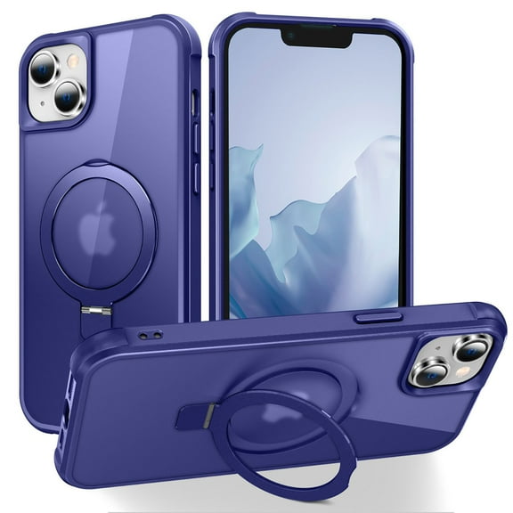 Compatible With iPhone 15 Plus Magnetic Case Wireless Charging Built-in 120° Rotate Ring Holder[Hidden Kickstand] Shock-absorbent Hard PC Lightweight Plain Translucency Phone Cover,Darkblue