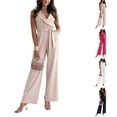 thumbnail image 5 of Women's Sleeveless V-Neck Wide Leg Jumpsuit with Belted Waist Elegant Dressy Casual Outfit, 5 of 5