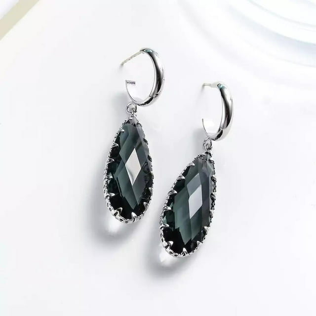 Aretes Largos Gota Cristal Azul Humo Oro Laminado 14k blanco Unitalla