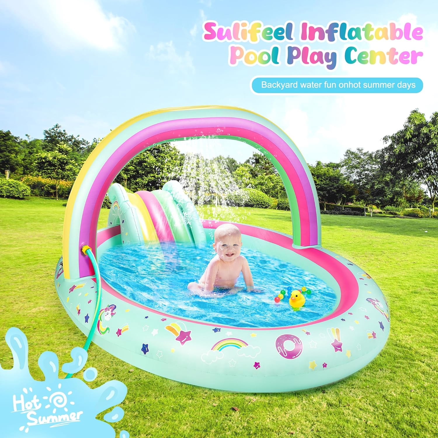 Rainbow Unicorn Inflatable Play Center Kiddie Pool with Slide and Sprinkler for Children, 96''x59''x39''in Baby Pool for Backyard and Garden, Free Inflatable Pump