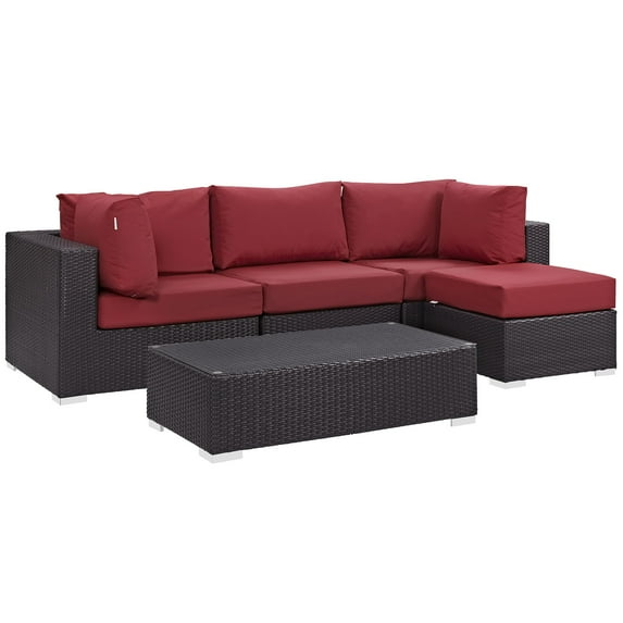 Modern Contemporary Urban Design Outdoor Patio Balcony Five PCS Sectional Sofa Set, Red, Rattan
